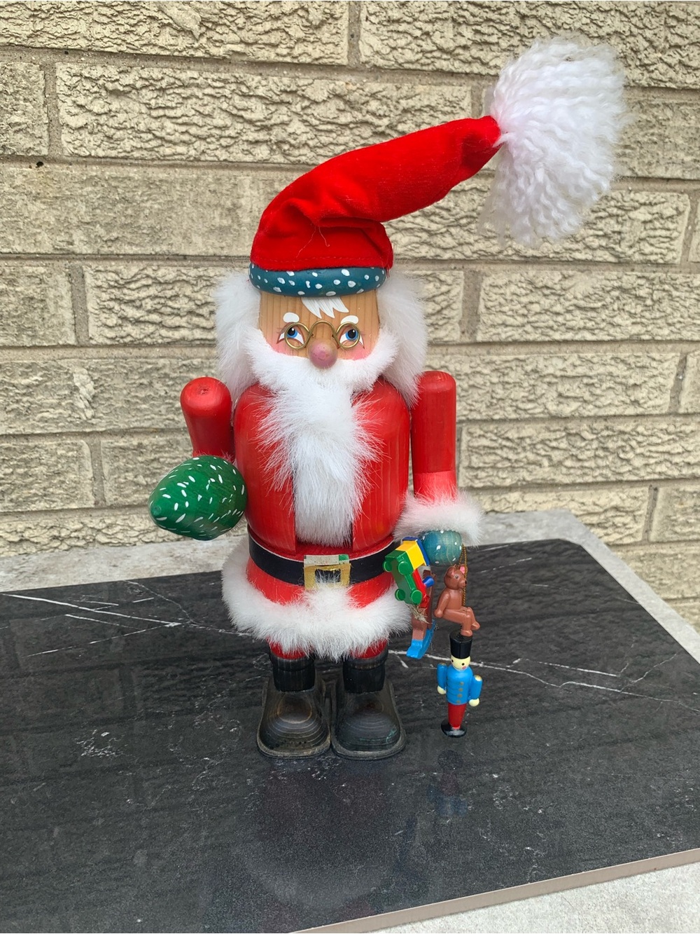 Vintage German Santa Nutcracker Figurine Plush-Trim Red Holiday Toy
